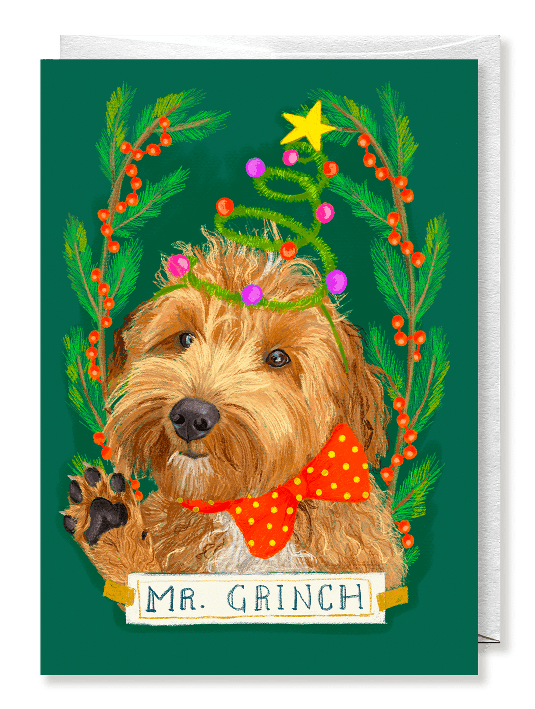 Golden doodle Christmas card, "Mr. Grinch" - Jolly Dragons