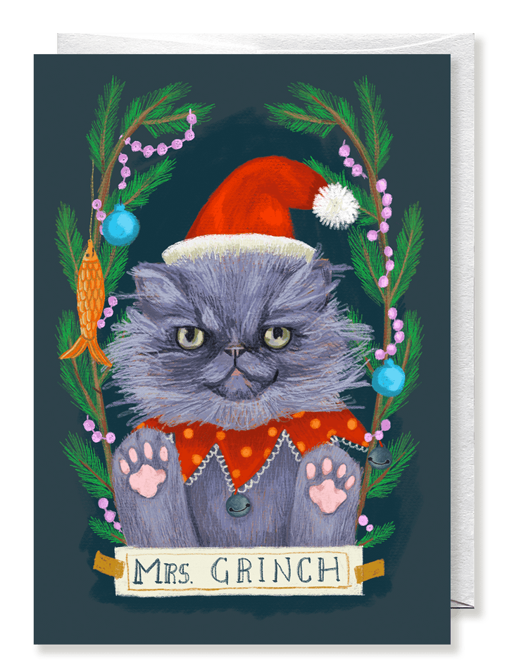 Grey Persian Christmas card, "Mrs. Grinch" - Jolly Dragons