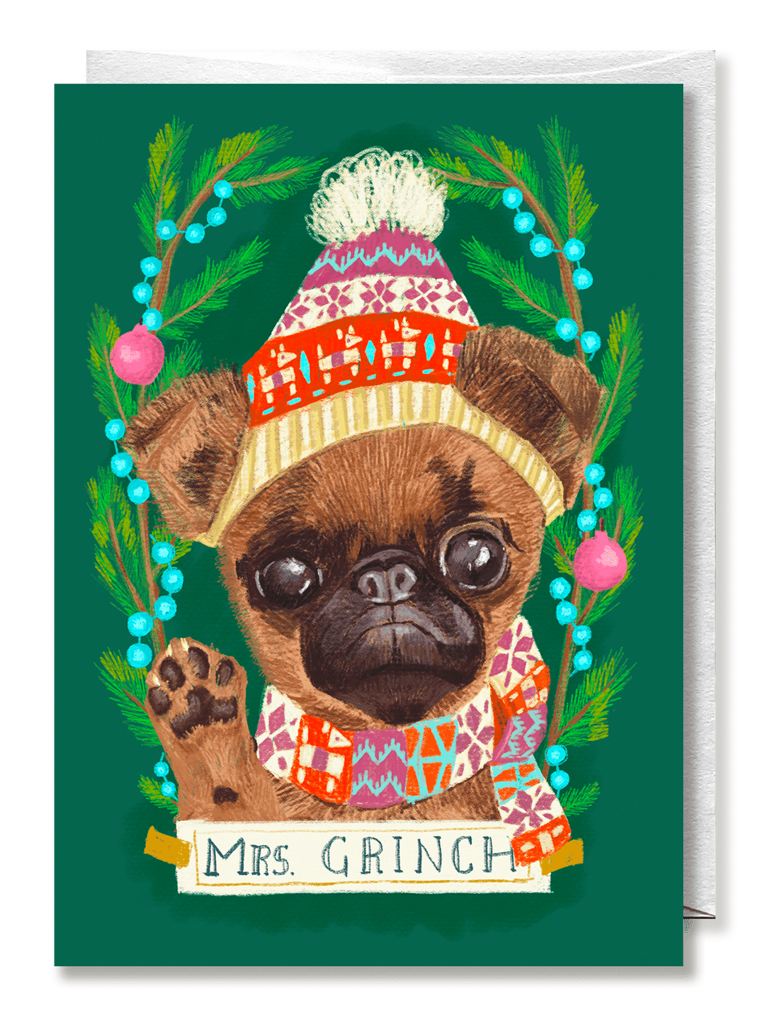 Griffon puppy Christmas card, "Mrs. Grinch" - Jolly Dragons